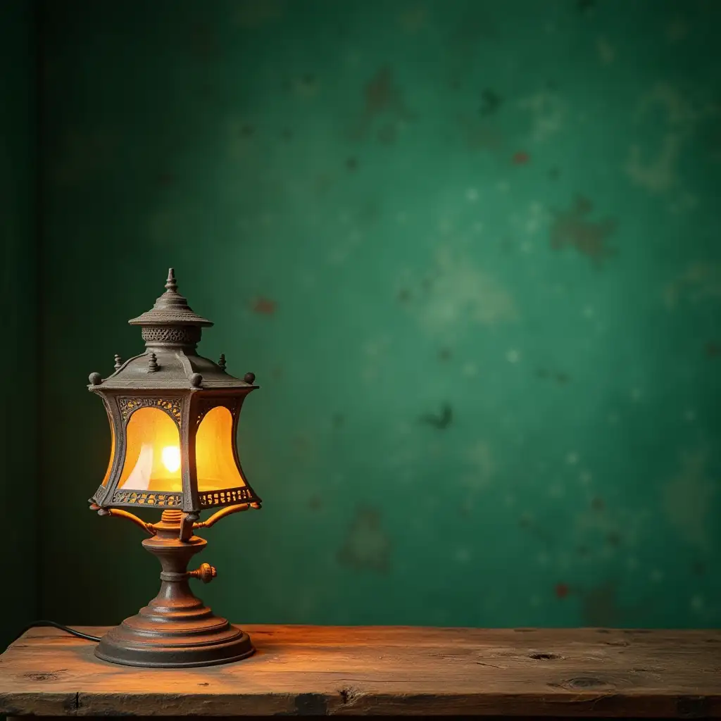 A greeny background with old lamp and some historical patchy