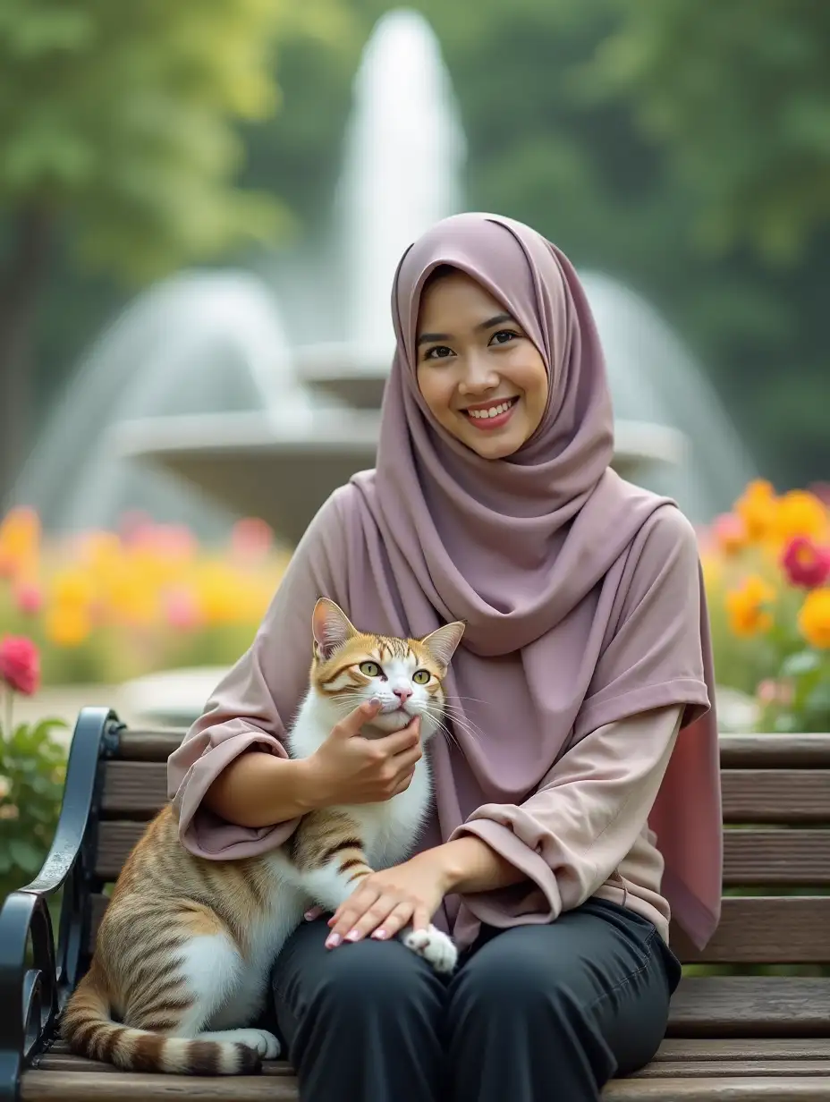 A beautiful Indonesian woman wearing a hijab sitting on a park bench smiling thinly facing the camera, with her pet cat. Background: fountain and colorful flowers