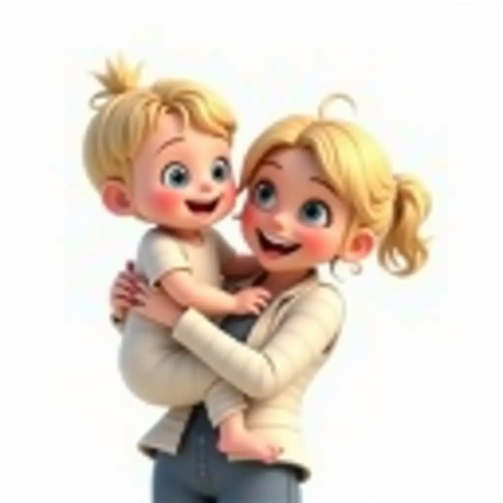 3D animation. White background. A baby girl with blond hair and blue eyes. An adult woman with blond hair and blue eyes. The two of them are very happy. The adult woman holds the child and lifts it up. Full hd