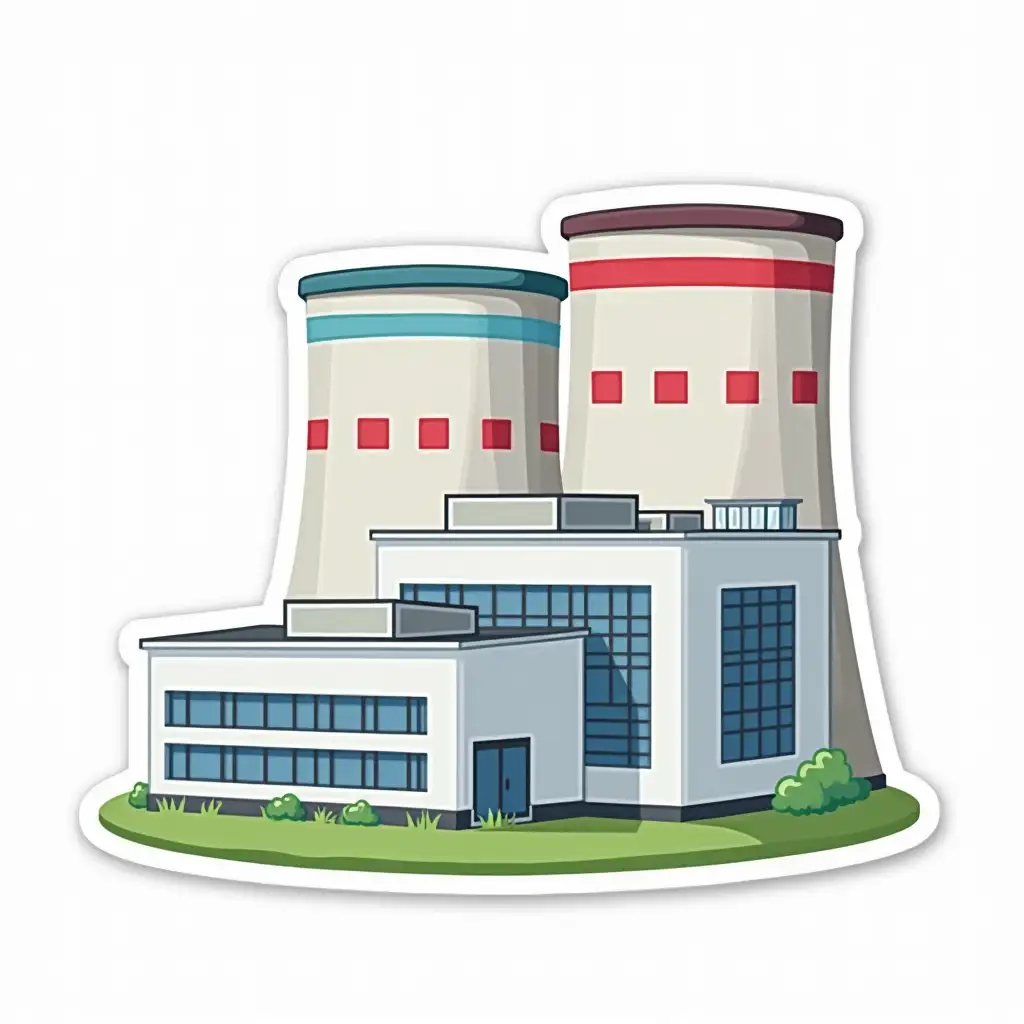 kawaii nuclear power plant like Russian nuclear power units reactor of PWR type, next to it is a square industrial building with round roof with horizontal white, blue and red stripes and no windows, in the background are two cooling towers with a strip of red and white squares in a checkerboard pattern. Sticker design - top view, high resolution, vector graphics, white background, anime-style coloring.