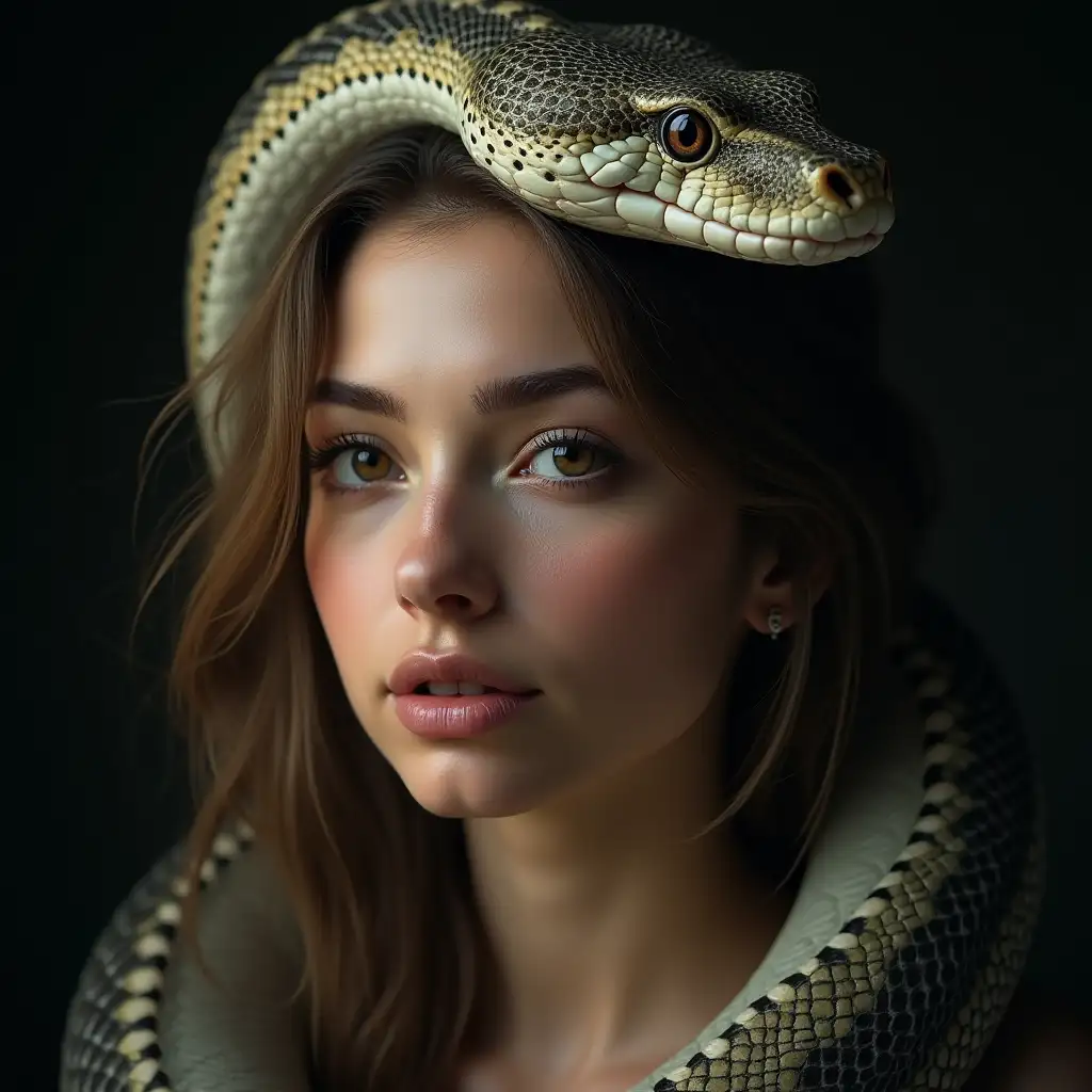 Ultradetailed hyperrealistic digital portrait of a woman with snake head with flawless attention to texture, surface and lighting, to create depth, dimension and a photorealistic appearance.