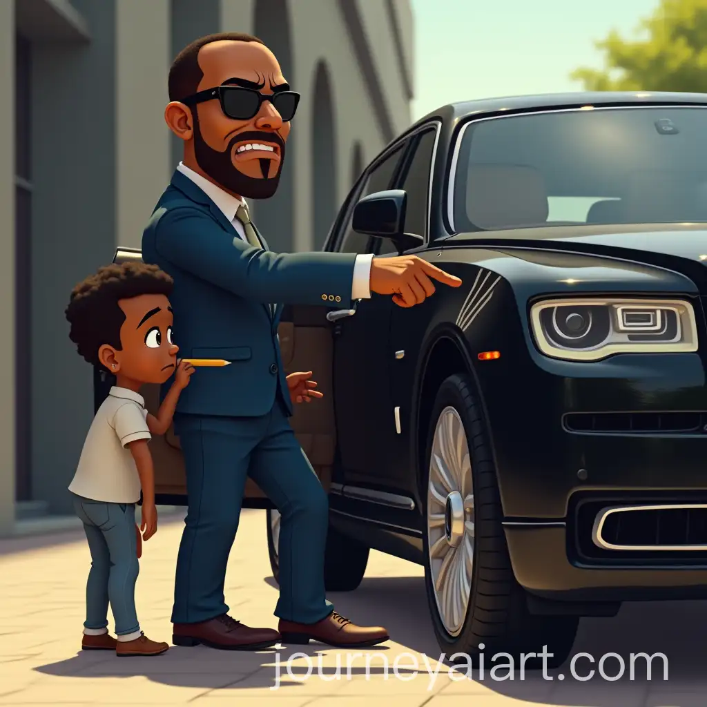 Angry-Man-and-Sad-Boy-in-Front-of-RollsRoyce-Drawing-Jesus-on-Car-Door