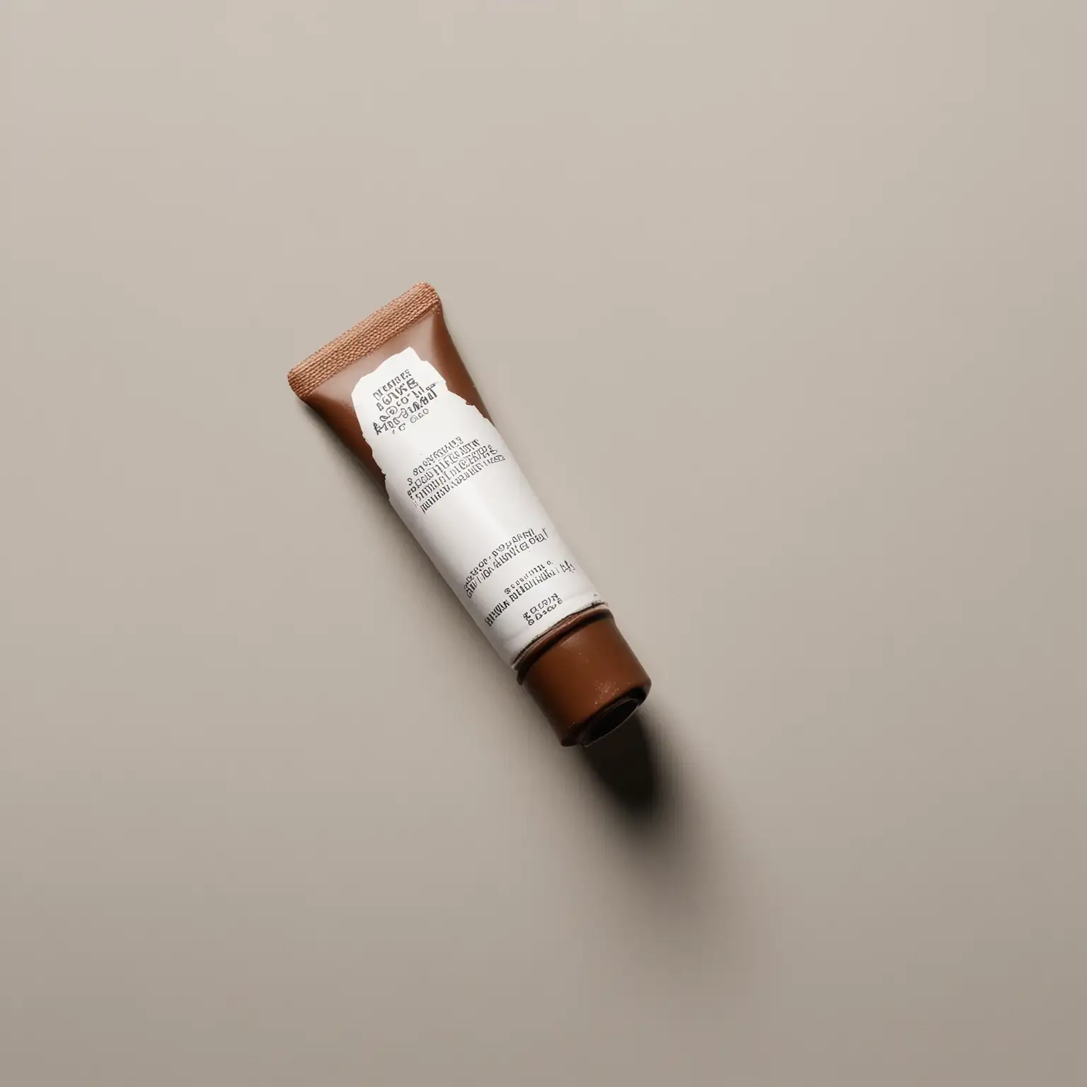 view strictly from above: classic tube for oil paint with brown cap. The shape of the tube is classic, similar to a tube of toothpaste, the tube is made of dull metal material. There is nothing else in the image. White background.