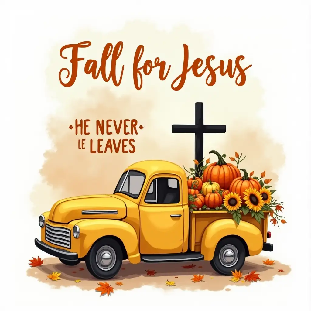 Vector, Watercolor Art. A yellow pickup truck overflowing with pumpkins and sunflowers. A black cross stands prominently in the background, surrounded by autumn leaves. The phrase 'FALL FOR JESUS' is written in bold, cursive script above the truck, and the phrase 'HE NEVER LEAVES' is written below. The image should have a warm, inviting aesthetic with detailed textures and vibrant colors. Elements such as the texture of the truck, the ripples in the pumpkins, and the veins in the leaves should be clearly visible. The background should be a subtle watercolor wash with soft, blended colors.