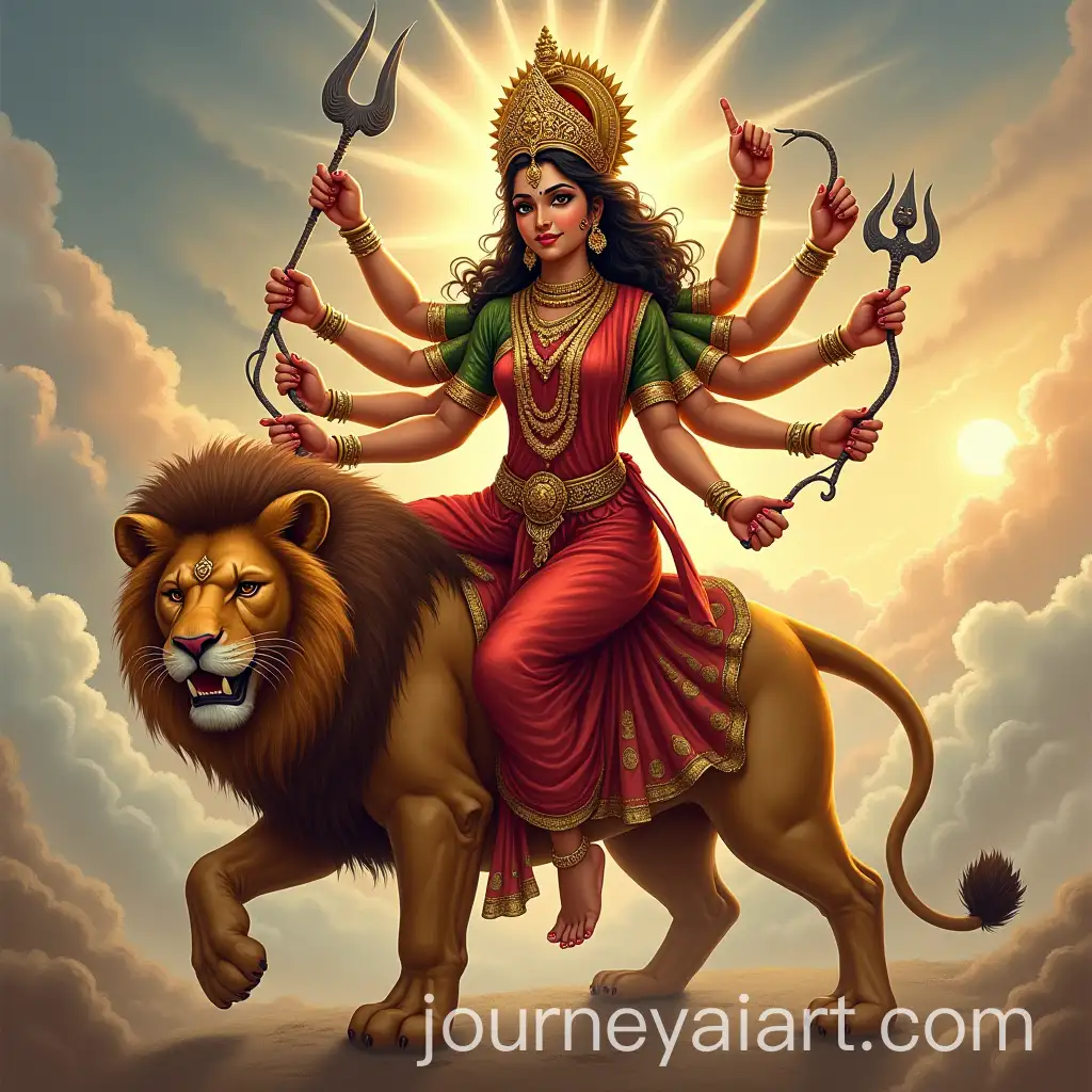 Goddess-Durga-with-Ten-Hands-Riding-a-Lion