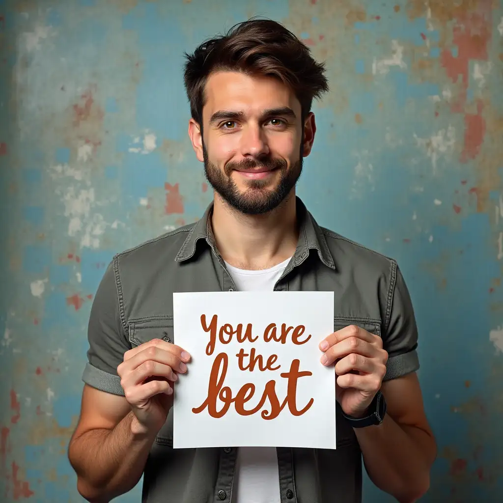 generate an image yes a guy holds a print with 'You are the best' written on it ❤️