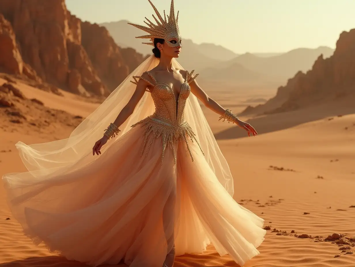 A captivating cinematic photograph set on Mars, showcasing a ballet dancer dressed in a stunning, full-body queen's mask adorned with elaborate details. She gracefully dances against the backdrop of a mesmerizing Martian desert landscape. The environment exudes an air of grandeur and whimsy, inviting the viewer to explore the realm of this fantastical world.