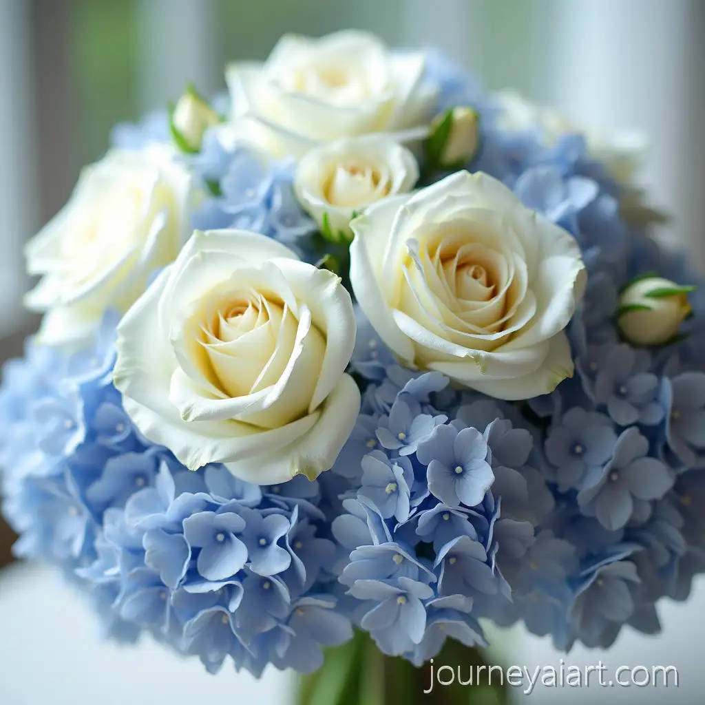 Luxurious-Flower-Bouquet-with-White-Roses-Blue-HydrangeasLuxurious-flower-bouquet-and-Pale-Lilac-Eustomas-in-Soft-Round-Shape