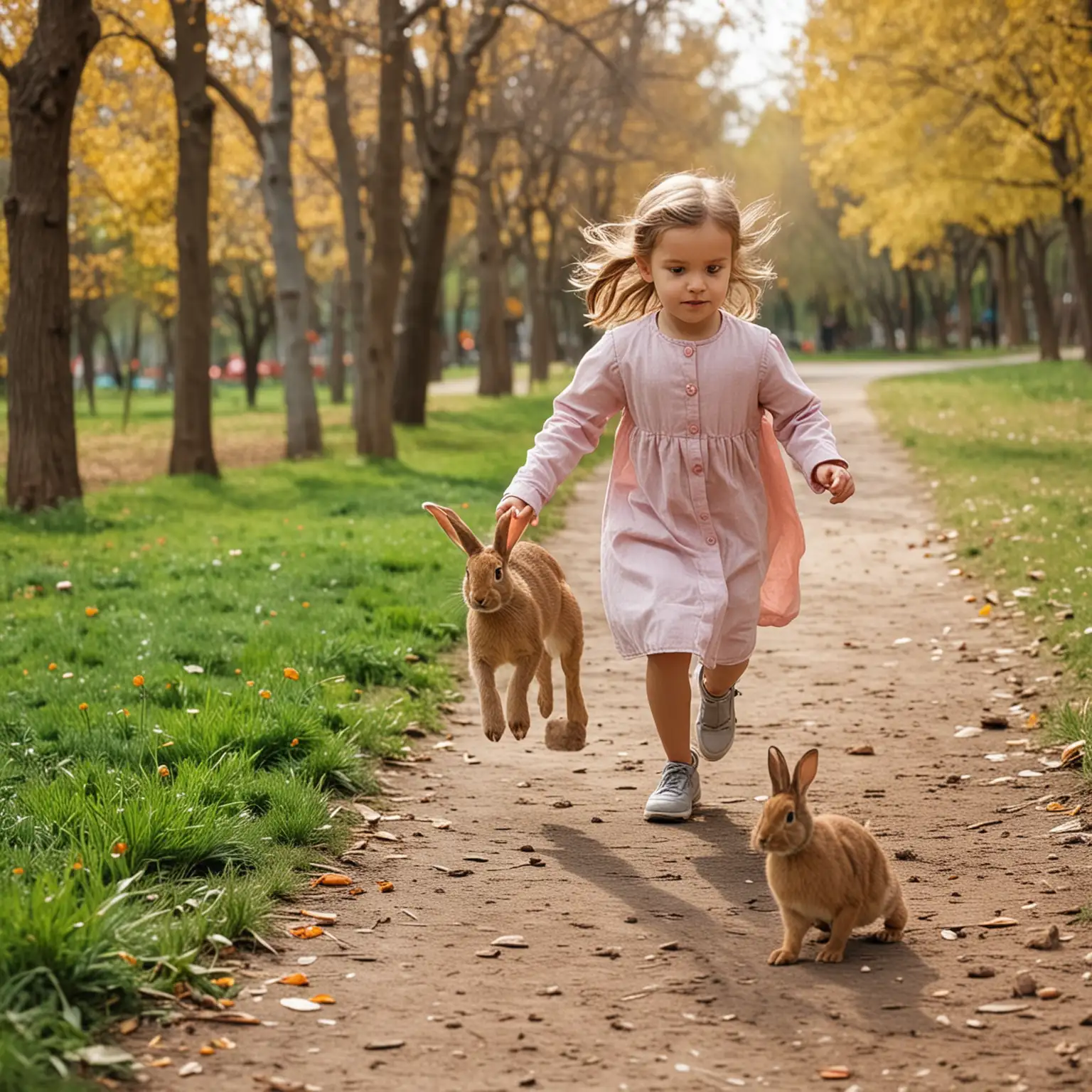 A small girl running in the park, A brown rabbit sitting near the small girl