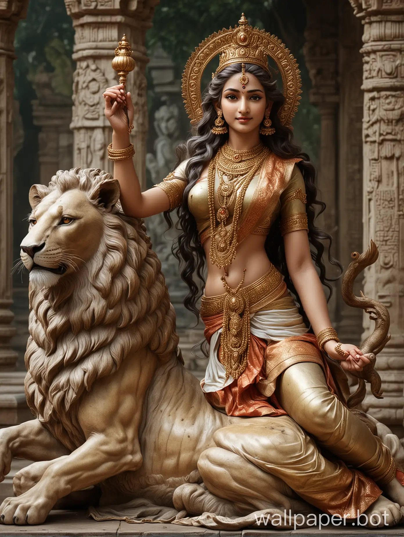 Make a good , realistic , beautiful image of Goddess Parvati sitting on lion and with giving blessing, show divinity with in her , make her look in  indian forms in the temples