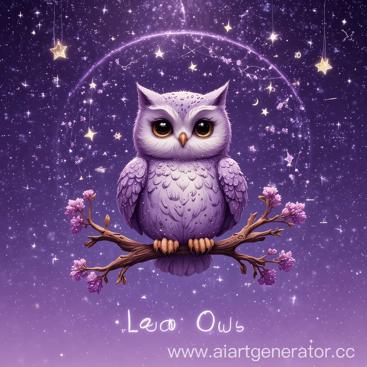 Constellation-Atmosphere-with-Cute-CatOwl-Creature-on-Lilac-Background