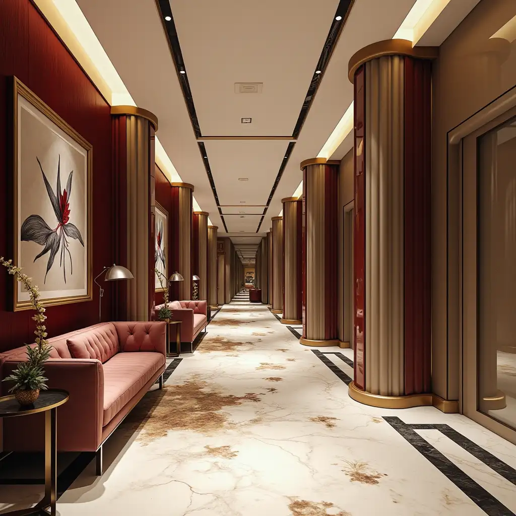 Modern-Glam-Hotel-Lobby-Design-with-Burgundy-Ivory-and-Bronze-Accents