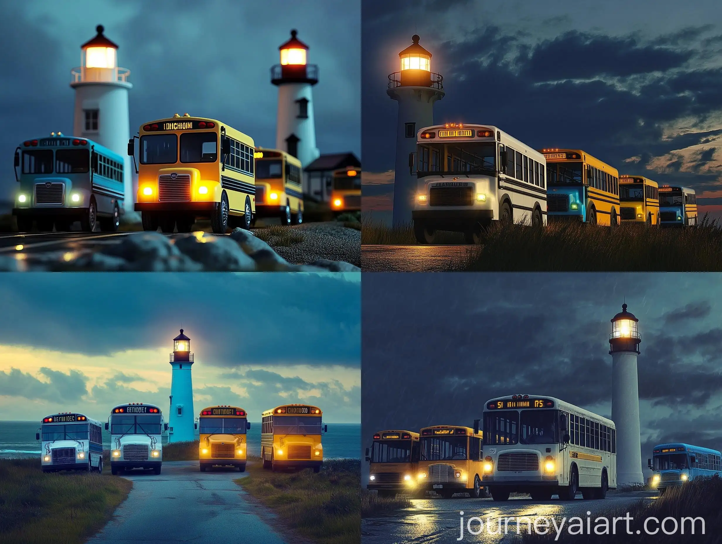 Lighthouse-Guiding-Three-School-Buses-on-a-Journey