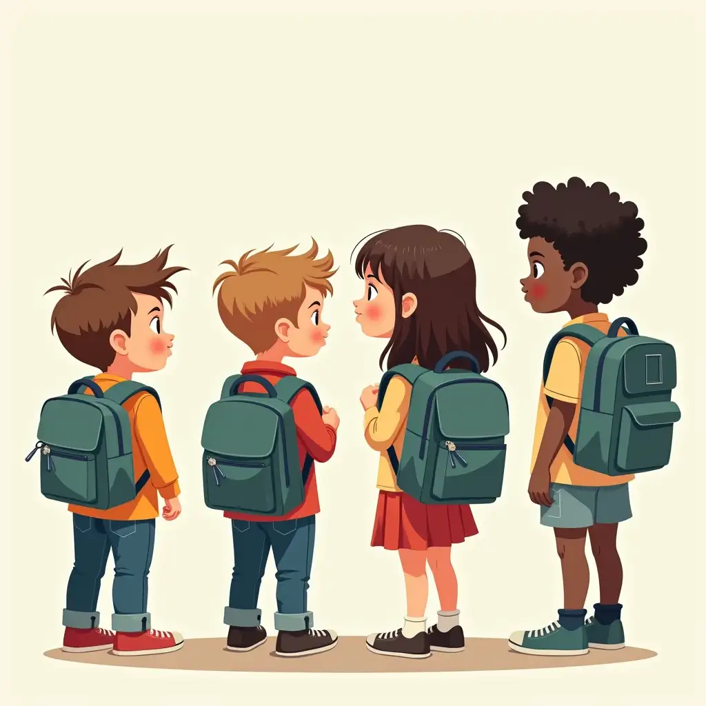 COMIC PICTURE OF STUDENTS WITH BAG PACKS , TWO BOYS AND TWO GIRLS ,TWO LIGHT SKINNED,ONE BROWN SKINNED AND ONE BLACK SKINNED