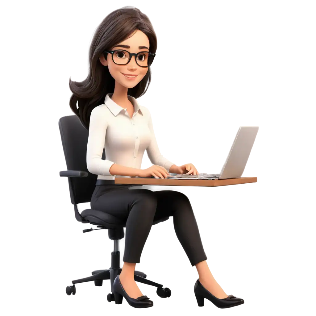 Cartoon-Character-Pretty-Smiling-Girl-with-Glasses-Sitting-on-Her-Office-Desk-PNG-Image-for-Online-Visibility