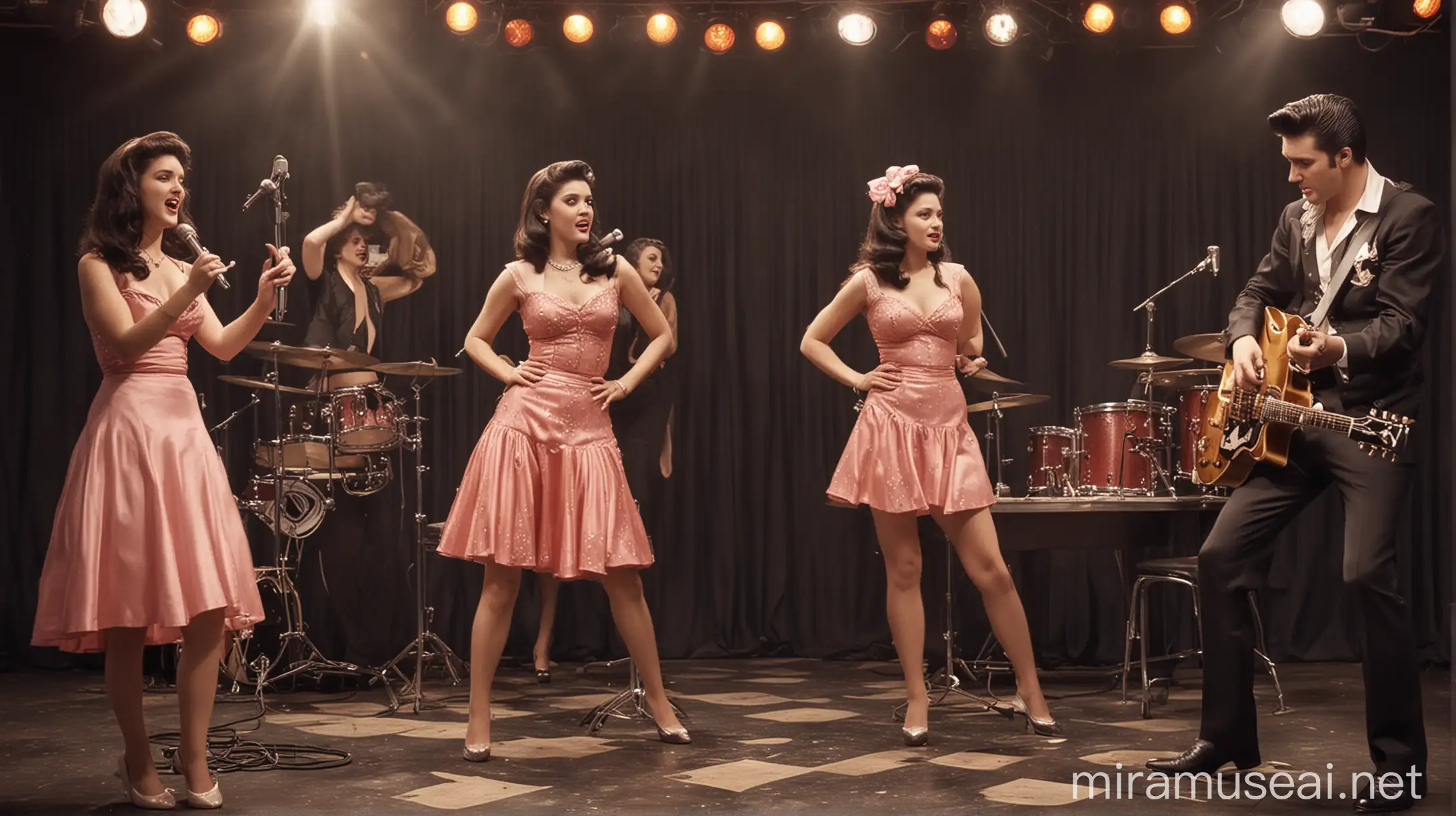 1950s Style Rockn Roll Stage with Elvis Presley and Young Women