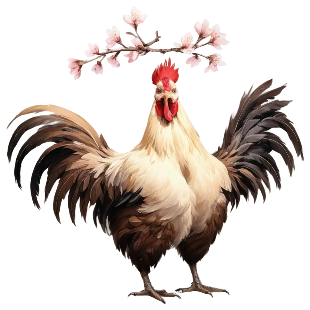 Expressive-Cherry-Blossom-Celebration-PNG-PainterPNG-Image-Analysisly-Digital-Art-of-Roosters-and-Oil-Bottle