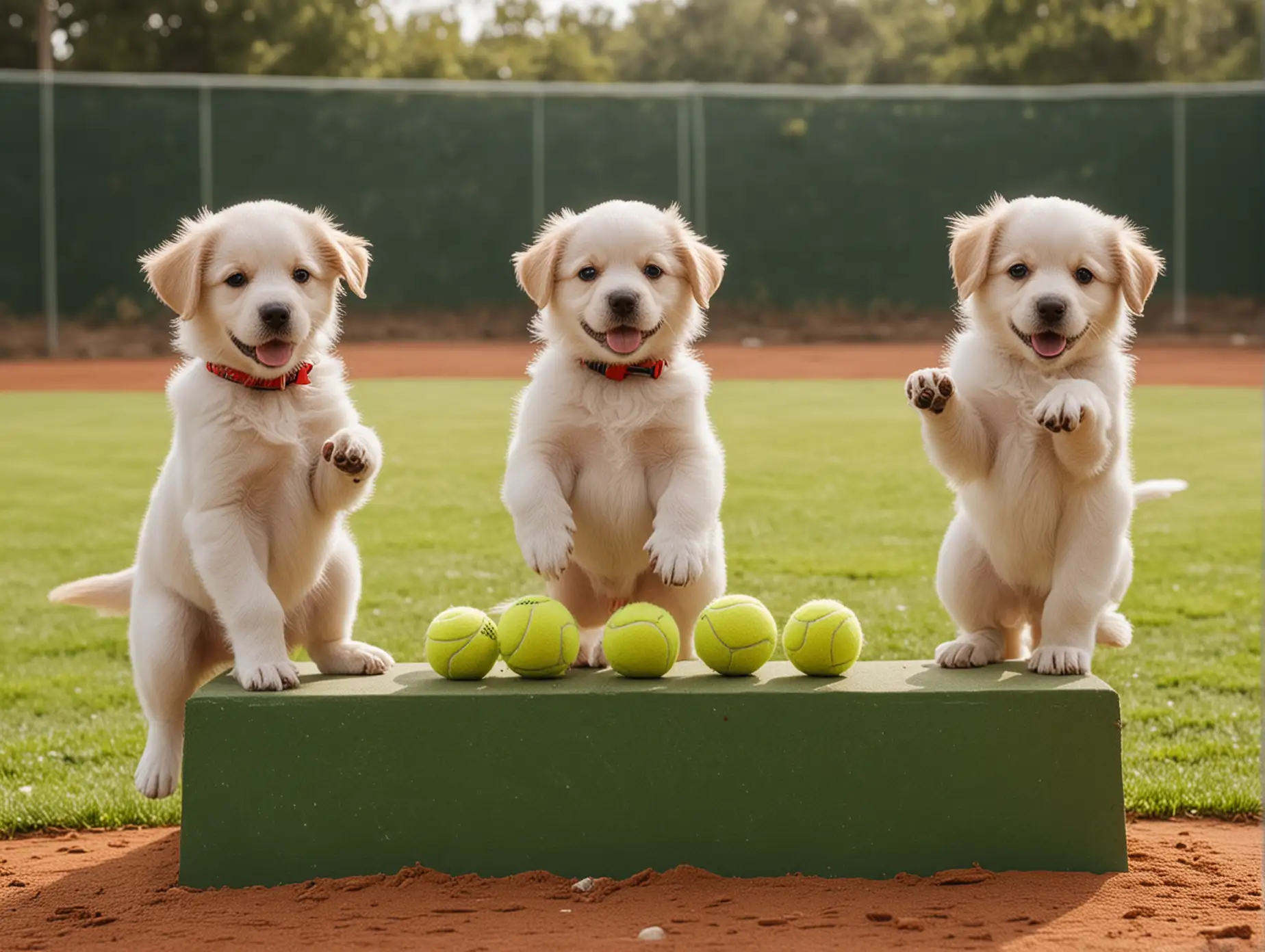 Playful Puppies Balancing Tennis Balls on a Pitchers Mound