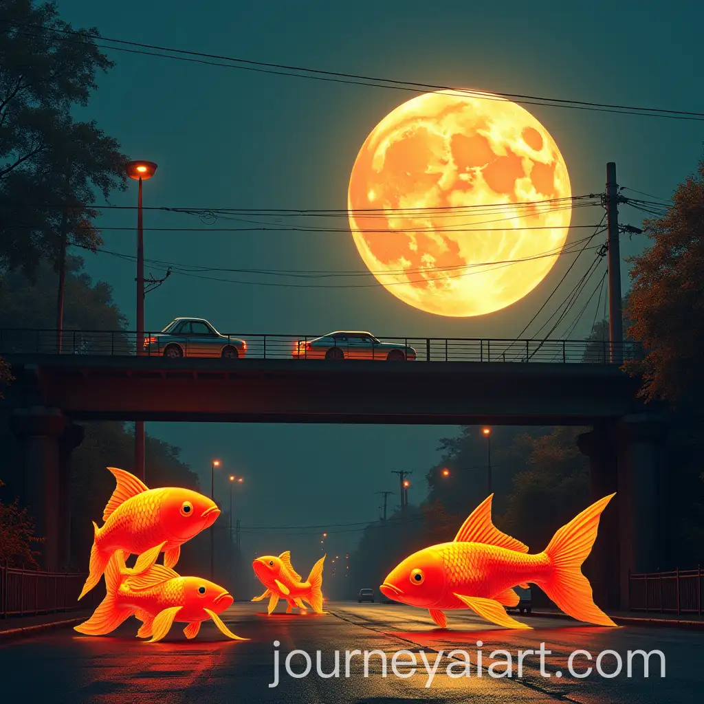 Glowing-Goldfish-Swimming-Beneath-a-Moonlit-Bridge-at-Night