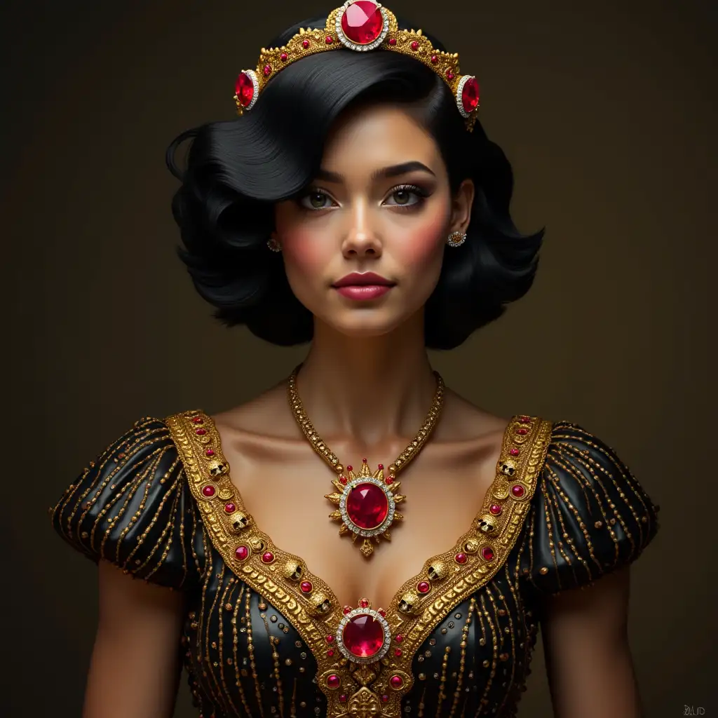 Princess with ruby gold necklace with diamond short hair black skulls golden shoes