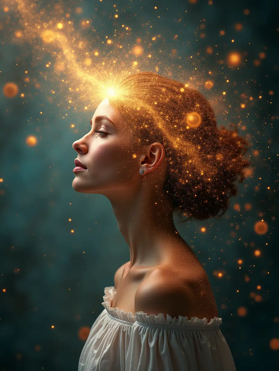 Create an image of a woman manifesting reality into life showing her the frequency of her thoughts pulling atoms together to form the material world in a New Earth paradigm