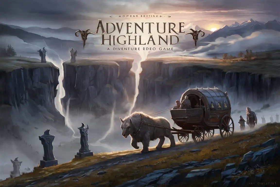 Fantasy Adventure Game Cover Art Misty Highlands and Dwarven Carriage