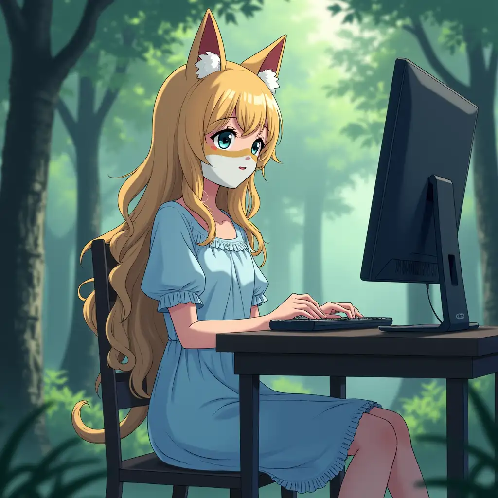 A girl in a light blue dress is sitting on the computer. She has blond hair and she is wearing a mask of a fox. It all is located in the forest. Anime style.