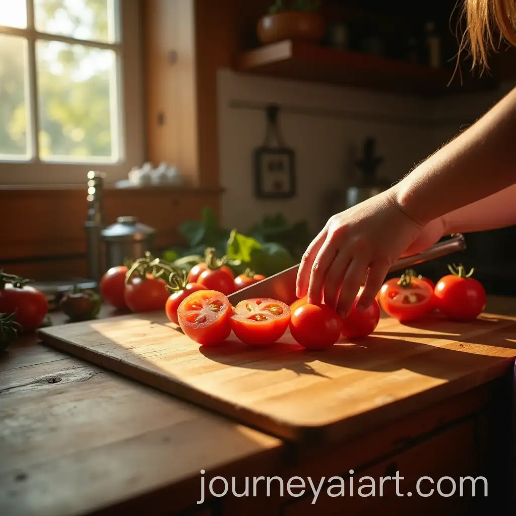 Girl-Slicing-Fresh-Tomatoes-in-a-Sunlit-Wooden-Kitchen