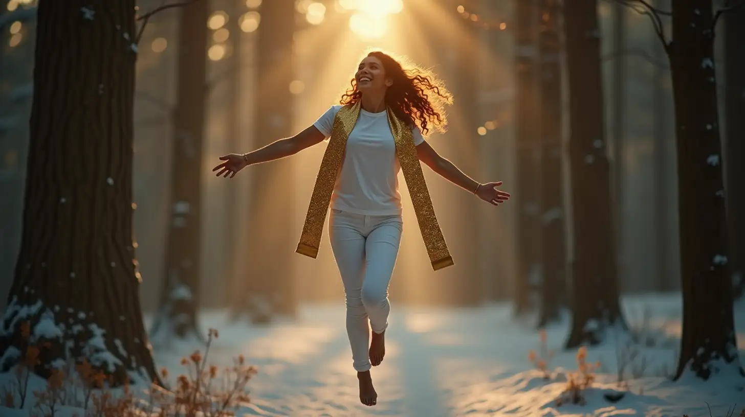 Flying Latin Woman in a Magical Christmas Forest