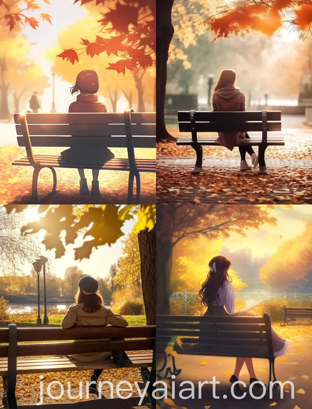 Brunette-Woman-Sitting-on-Bench-in-Sunny-Autumn-Afternoon