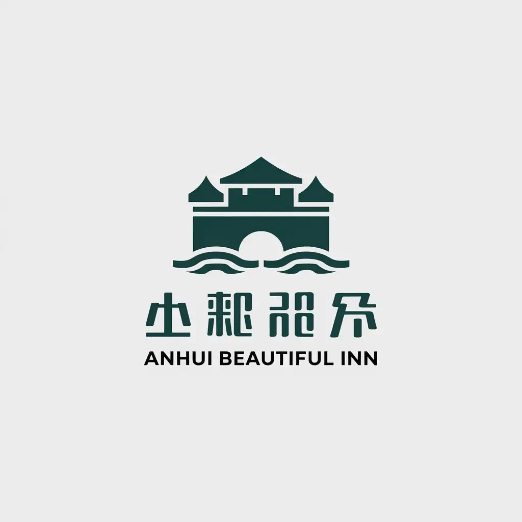 a vector logo design,with the text "Anhui beautiful inn", main symbol:Guild building   River   Bridge,Minimalistic,be used in Travel industry,clear background