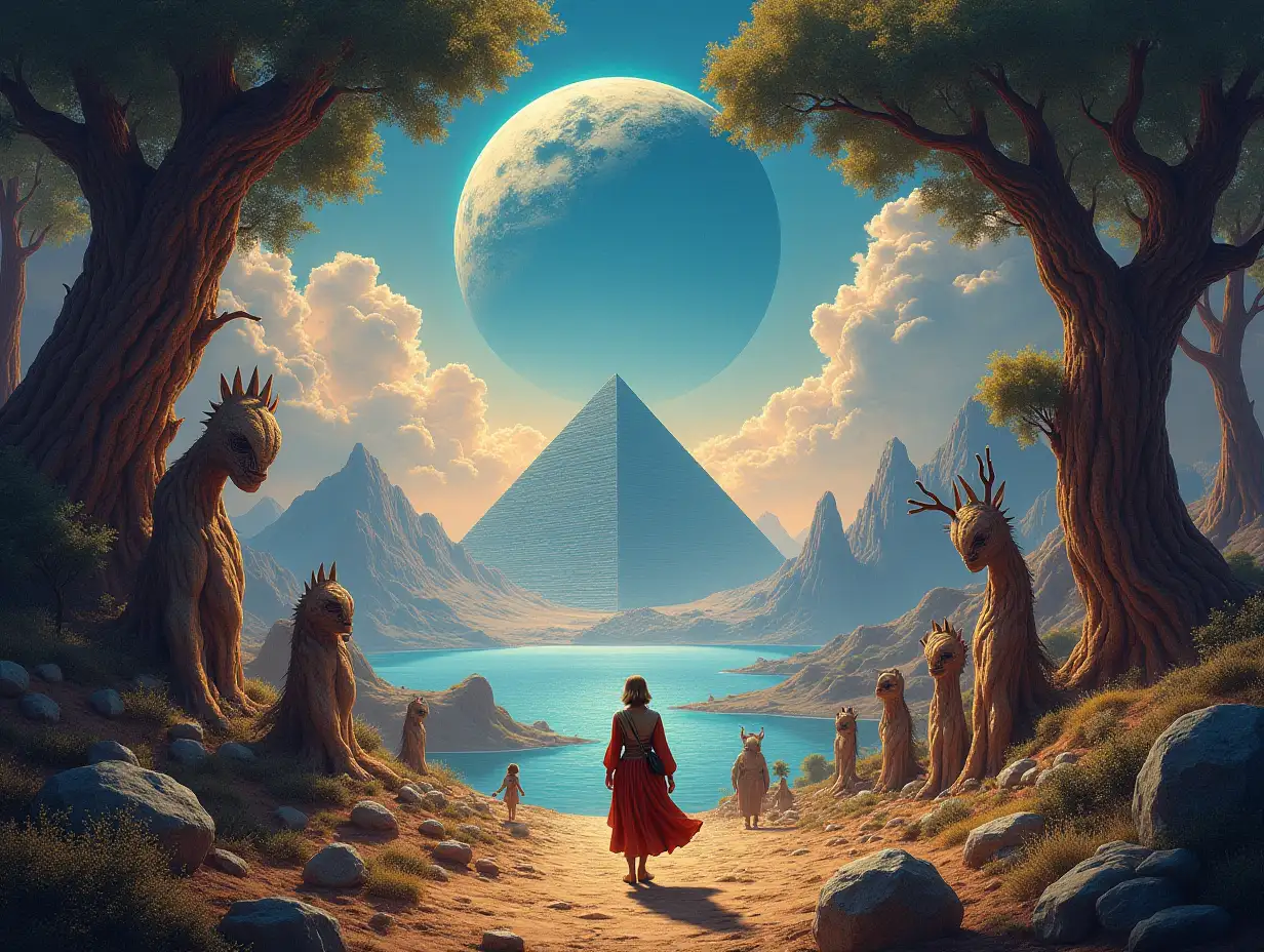 Ultradetailed hyperrealistic portrait  Multiverse time traveler with various strange alien beings huge wide trees  The elaborately detailed, colorful planet with a pyramid, in the background mountains and sea