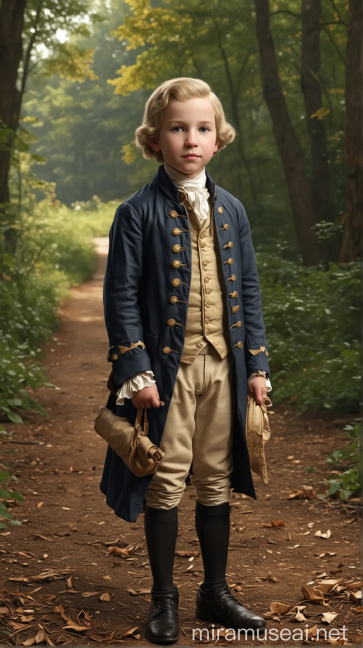 Create an image of young George Washington as a child in Virginia, showcasing his early life. hyper realistic