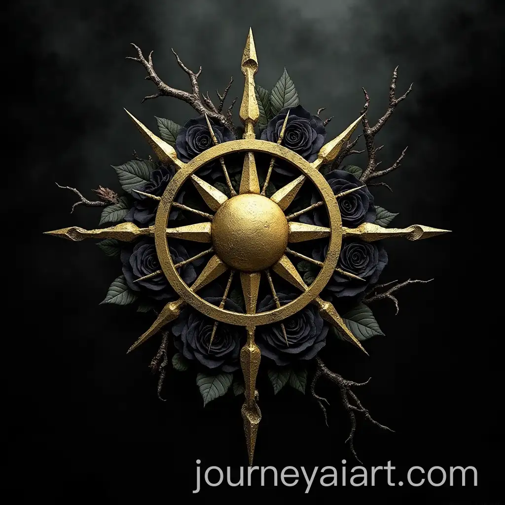 Golden-Nilfgaard-Sun-Symbol-Surrounded-by-Black-Roses-and-Deadwood