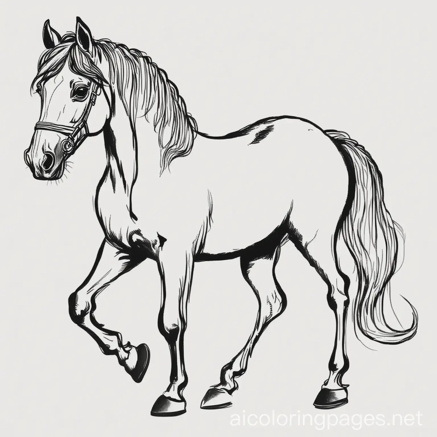 horse, Coloring Page, black and white, line art, white background, Simplicity, Ample White Space. The background of the coloring page is plain white to make it easy for young children to color within the lines. The outlines of all the subjects are easy to distinguish, making it simple for kids to color without too much difficulty