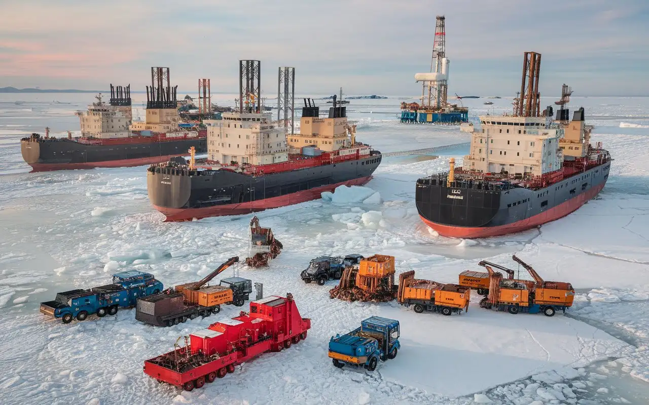 Massive Red and White Ice Breakers Crushing Arctic Ice for LNG Drilling Operations