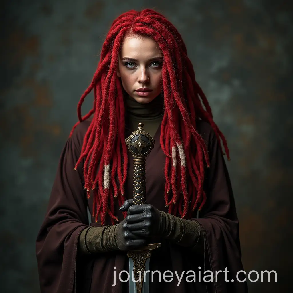 Caucasian-Woman-with-Red-DAI-Art-Prompt-Expansionreadlocks-Battling-Cancer-Shadow-with-Sword