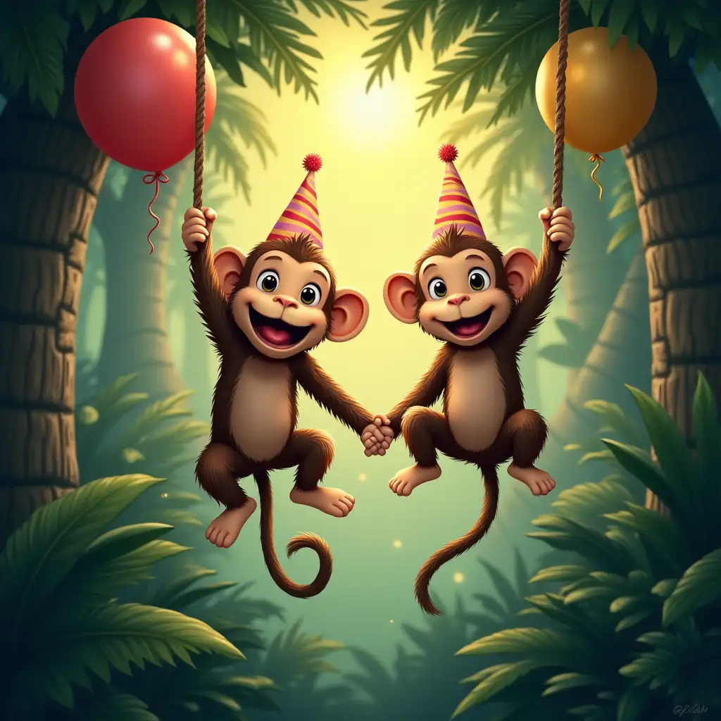 The monkeys are swinging in jungle with birthday celebration