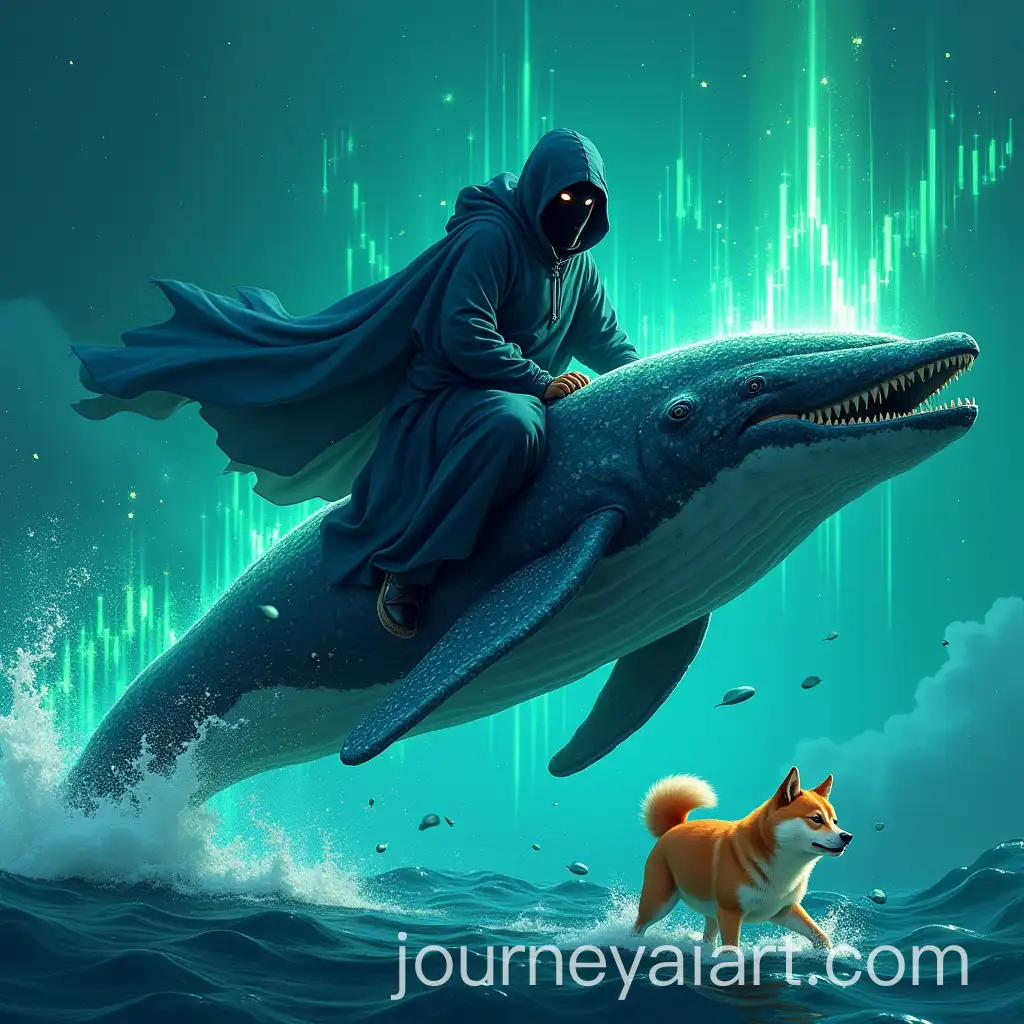 Hooded-Figure-Riding-Cosmic-Whale-in-Futuristic-Underwater-Landscape-with-Shiba-Inu