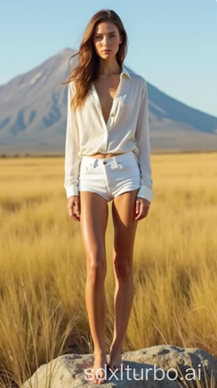 Fashion-Model-in-White-Blouse-Standing-in-Golden-Field-with-Mountain-Background