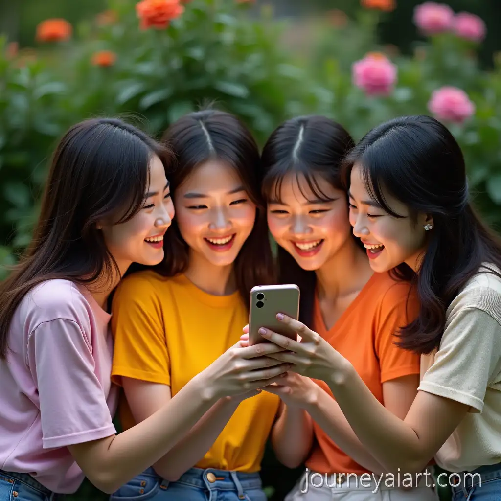 Four-Asian-Girls-Laughing-Together-in-a-Vibrant-Garden-at-Night