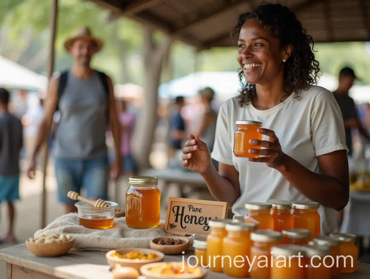 Smiling-Honey-Seller-at-an-OpenAir-Market-Offering-Pure-Honey-Jars