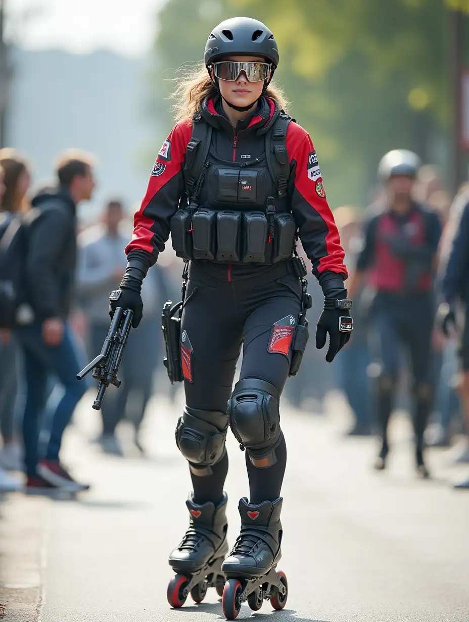 a 17 year old airsoft geared woman at a distance, she is skating on a street, holding a weapon, ordinary people in background, clothes have racing colors, she is wearing lots of functional sportswear, cycling gloves, airsoft helmet with transparent visor over eyes, smartwatch, thick plastic knee pads, modern inline skates with complete organized wheels