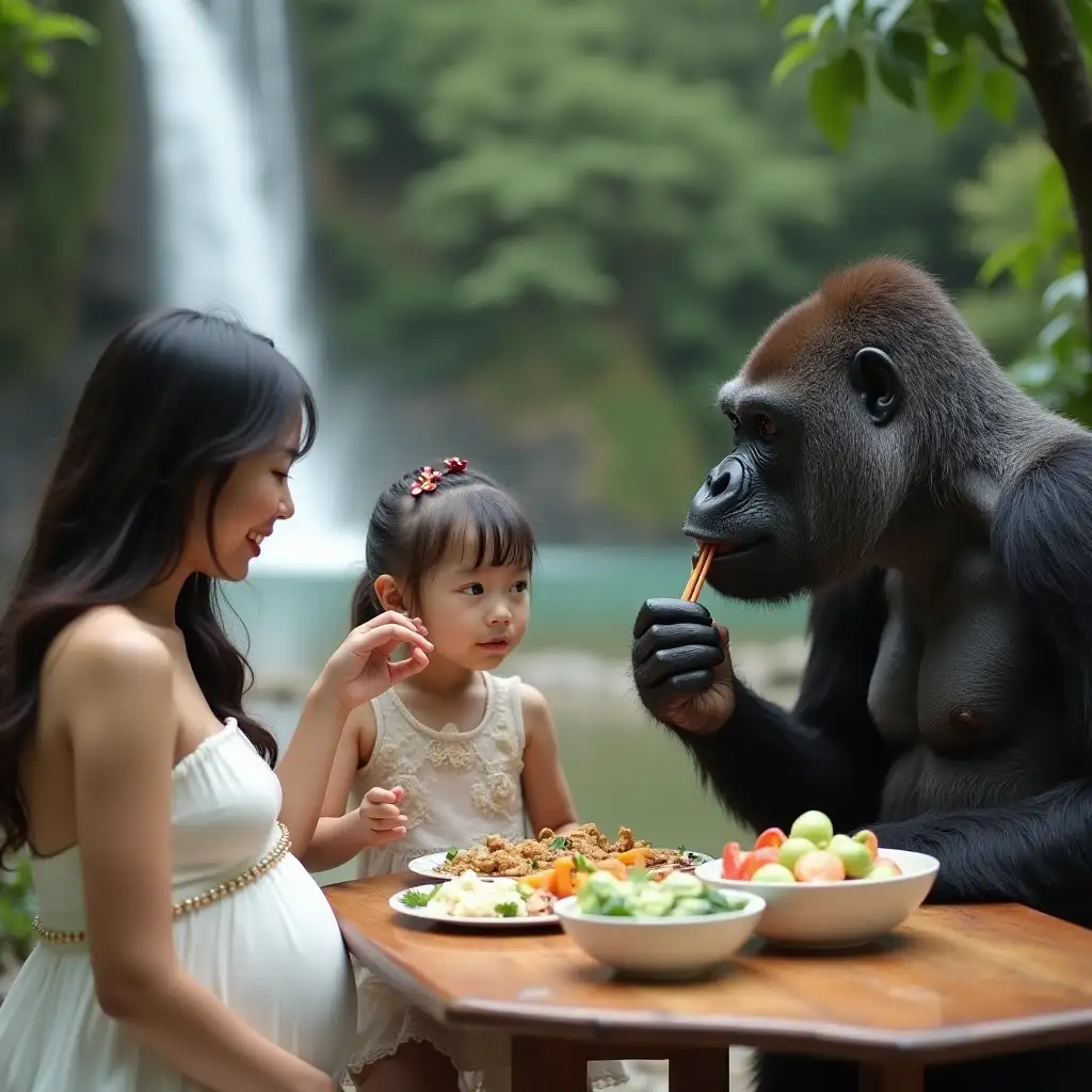 a beautiful pregnant asian woman, cutties children and a handsome gorilla as husband are eating meal. while the gorilla is on the right side. The women are wearing a white dress and has her hand feeding her kid. The table food is outside and nearest the waterfall in the forest, creating a fresh atmosphere. The handsome gorilla's face is close to the woman's face, adding a playful and surreal element to the scene. The overall mood of the image is peaceful and slightly whimsical.