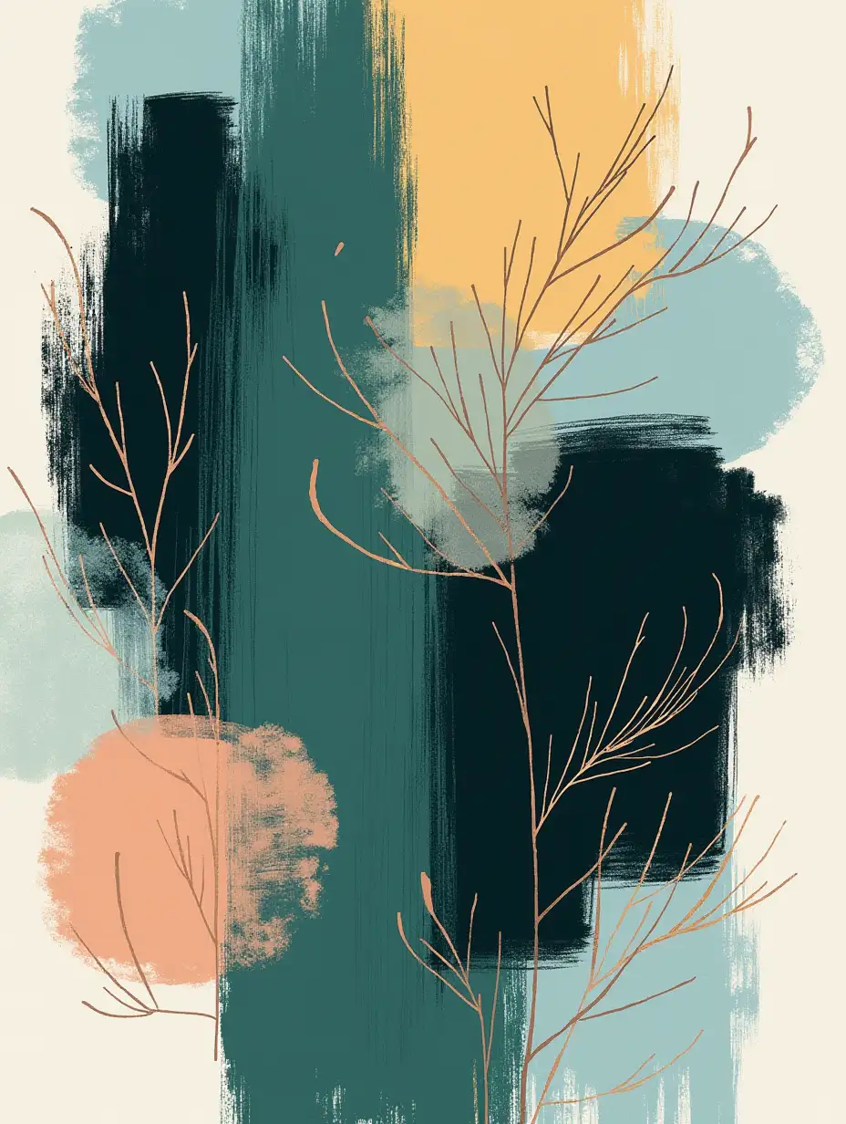 Generate an abstract painting using dark, textured strokes in forest green and black, overlaid with thin, intricate pastel-colored shapes in baby blue, peach, and soft yellow. Let the negative space breathe between bold elements