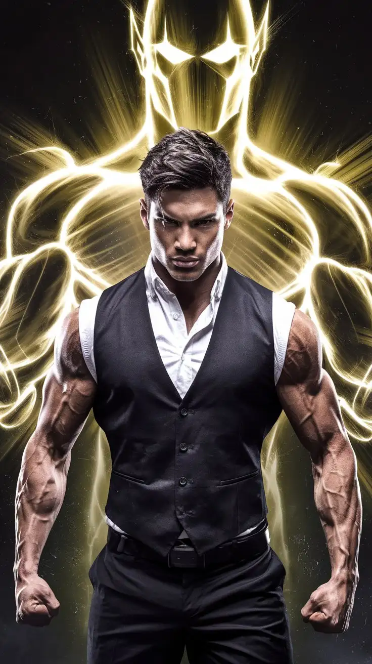 A powerful benevolent force gives a hugely ripped muscle man awesome superpowers. Luminous golden energy. 23 years old.