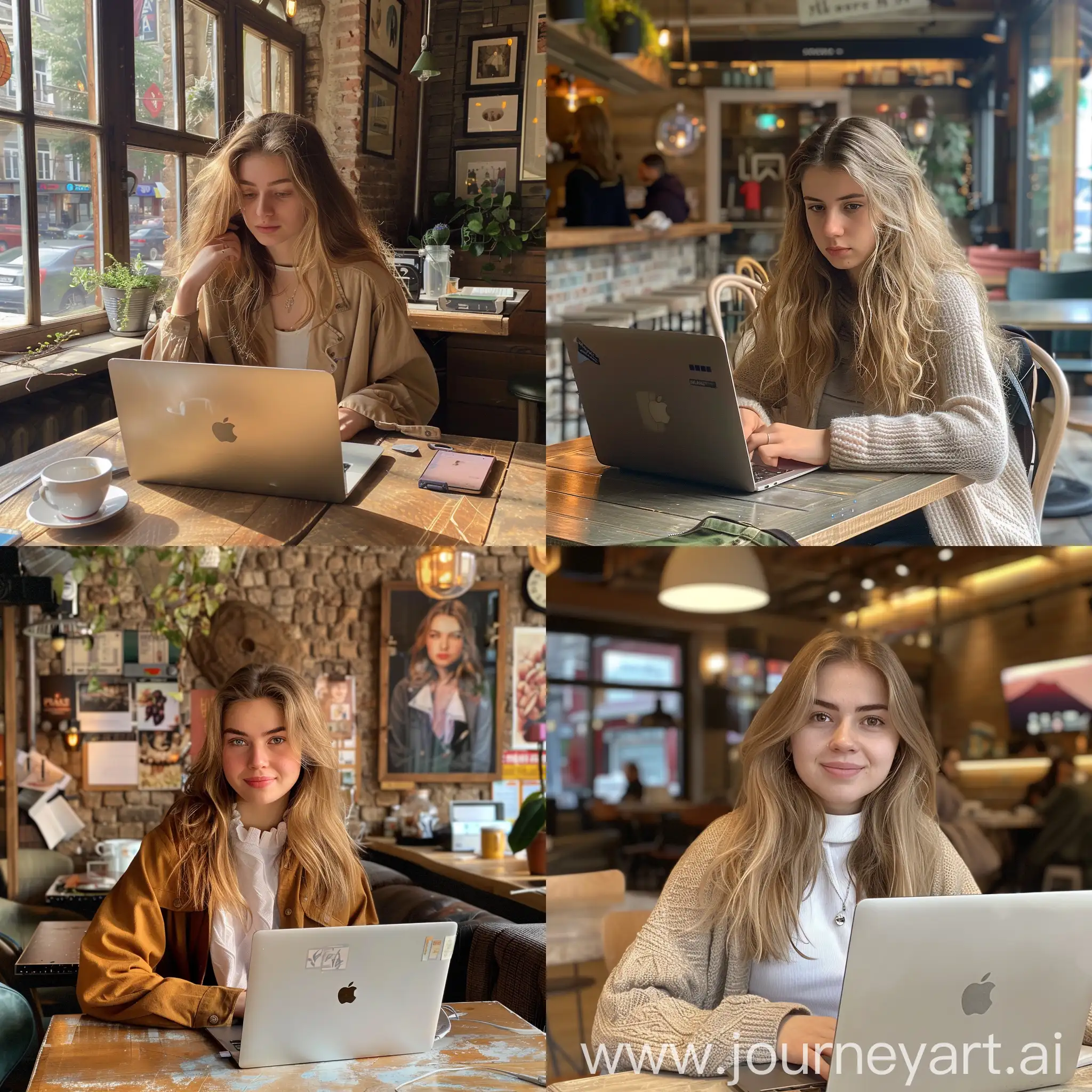 Russian-Girl-in-Casual-Attire-Working-on-Laptop-in-Caf