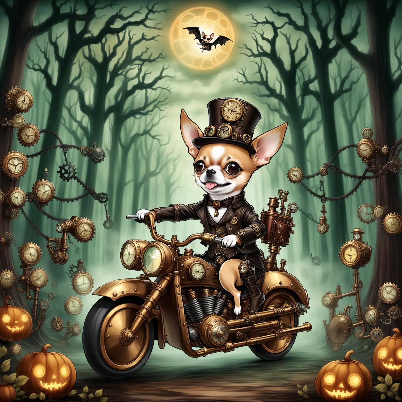 Steampunk Chihuahua Riding Motorcycle in Spooky Forest