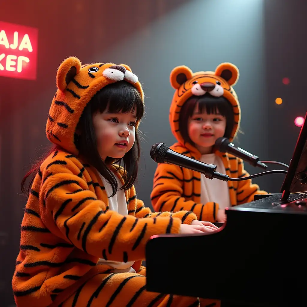 Two lovely chubby girls, both wear tiger outfit, one with long hair with bang and another one with short hair, short hair girl play grand piano and long hair singing with holding microphones. They love rock music. Backstage with Alinda family - StarMaker sign