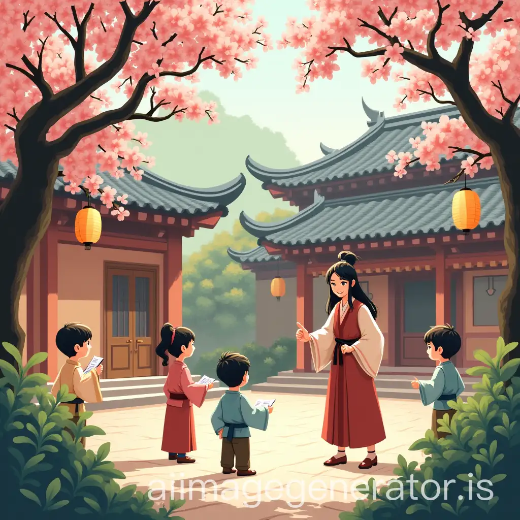 Serene-Courtyard-with-Children-Practicing-Martial-Arts-and-Calligraphy-under-Flowering-Trees